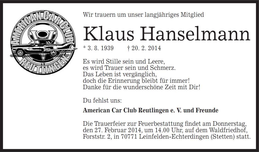 In Memoriam Klaus Hanselmann